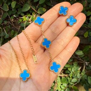 Gold-Tone Necklace and Bracelet Set with Blue Clover Accents